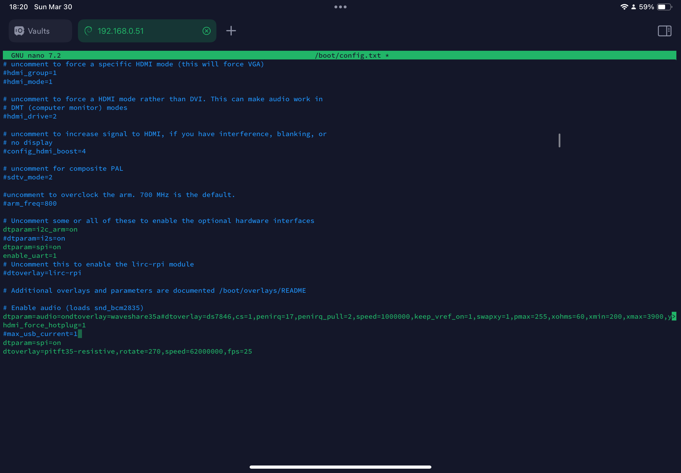 Raspberry Pi terminal session used during ActiView software setup