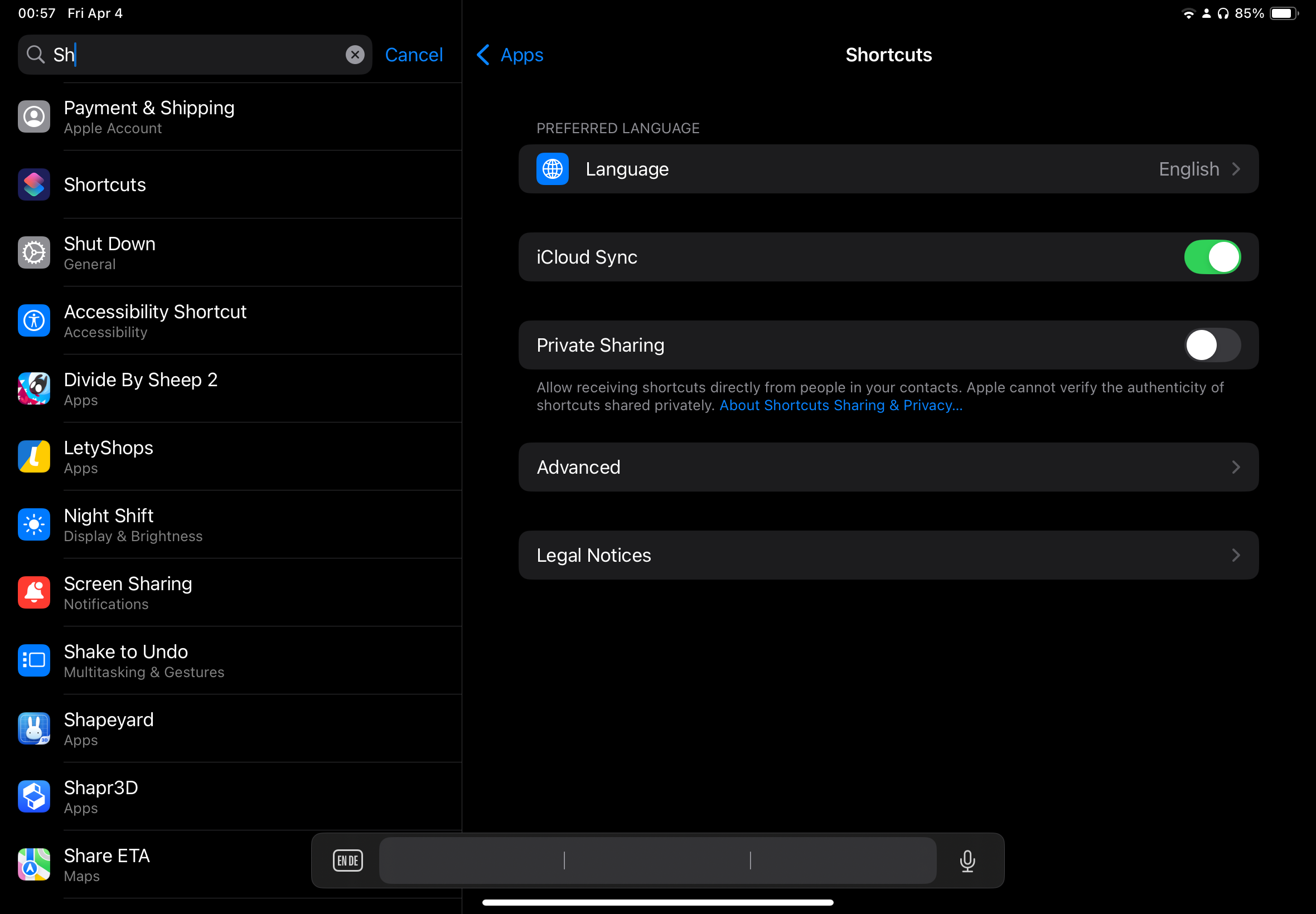 Shortcuts settings screen used while shaping the phone-side workflow for ActiView
