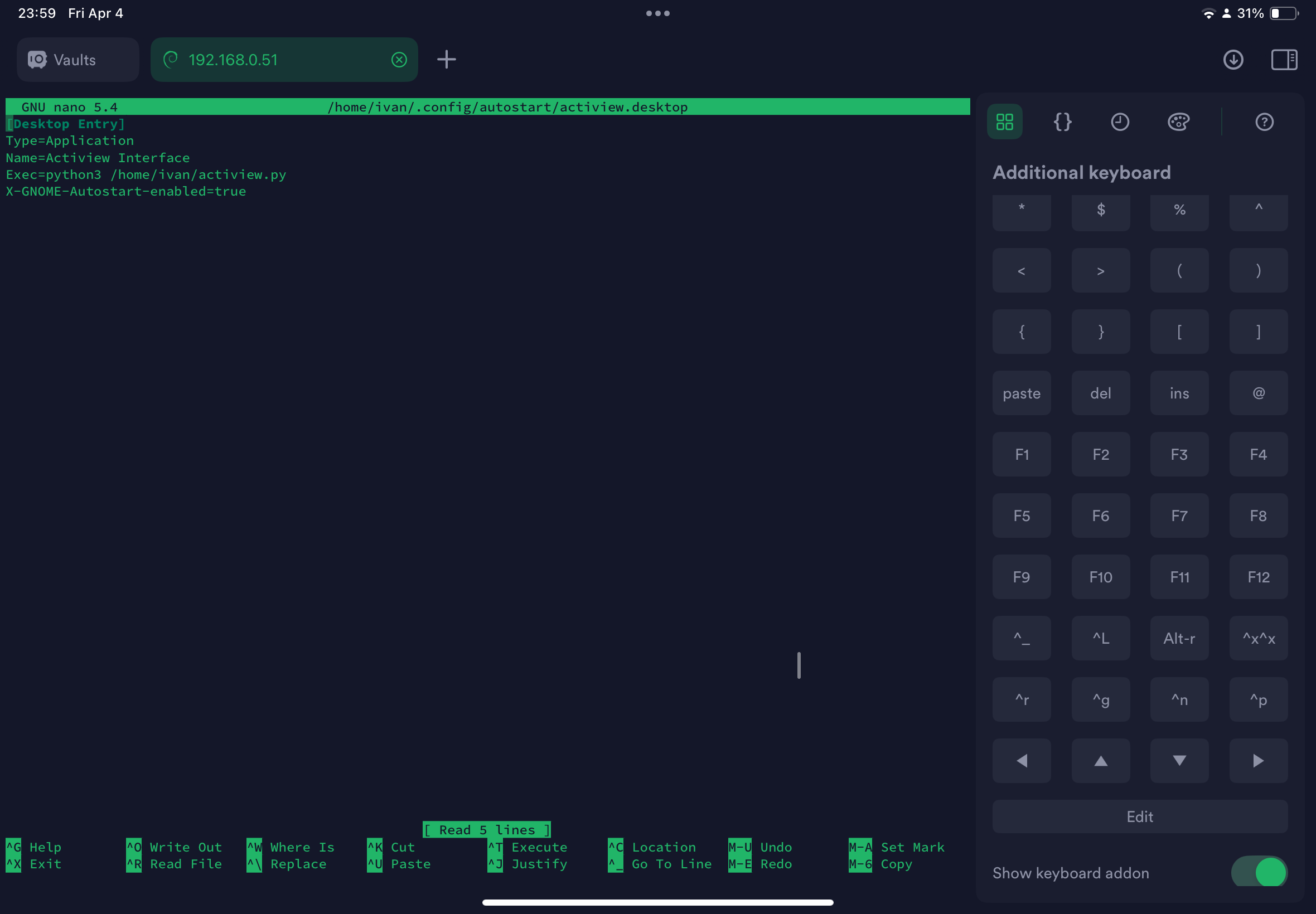 Terminal setup for the ActiView autostart configuration