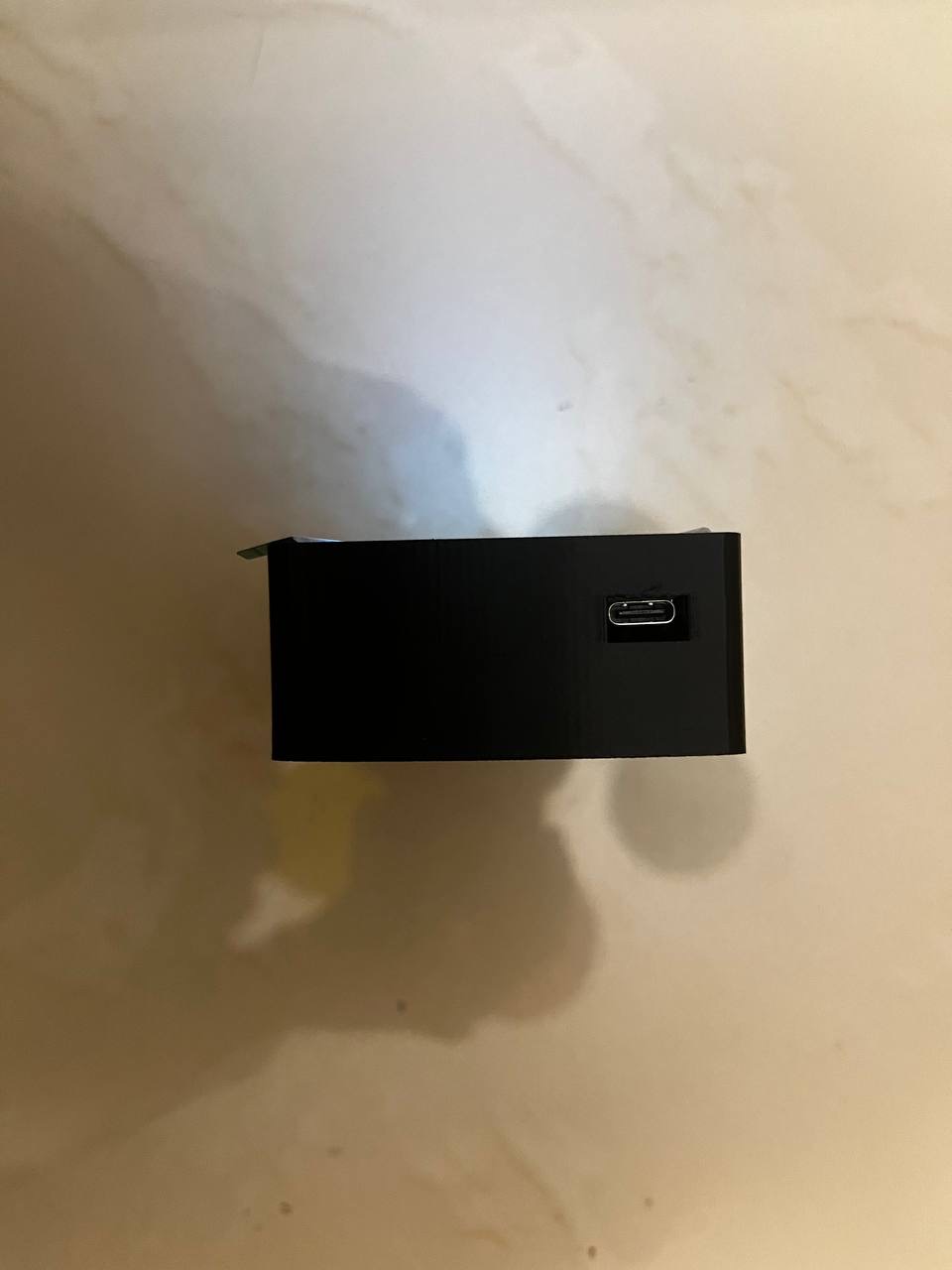 Printed ActiView case prototype viewed from the side with the USB-C opening visible