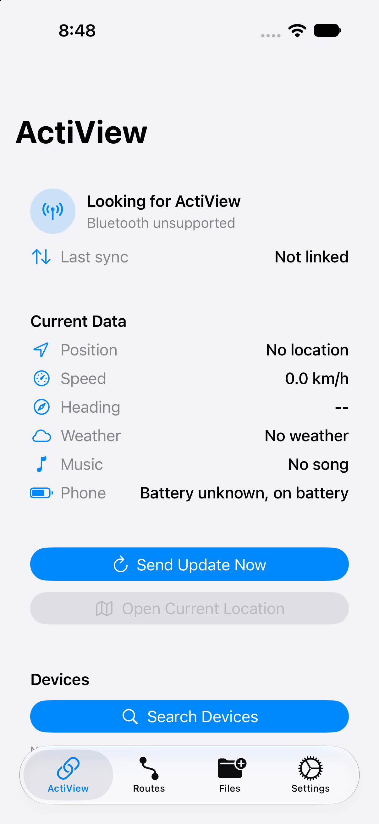 ActiView Companion app in the iPhone simulator, looking for a device and showing unavailable data honestly