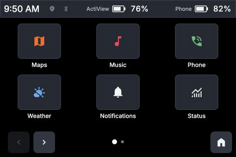 ActiView Studio app launcher with six apps, directional arrows, page dots, and Home control