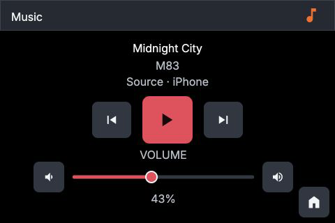 ActiView Studio music screen with track controls and volume